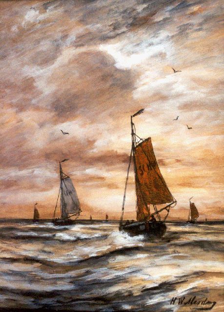 Hendrik Willem Mesdag | 'Bomschuiten' in the surf at dusk, watercolour on paper, 40.2 x 27.7 cm, signed l.r.