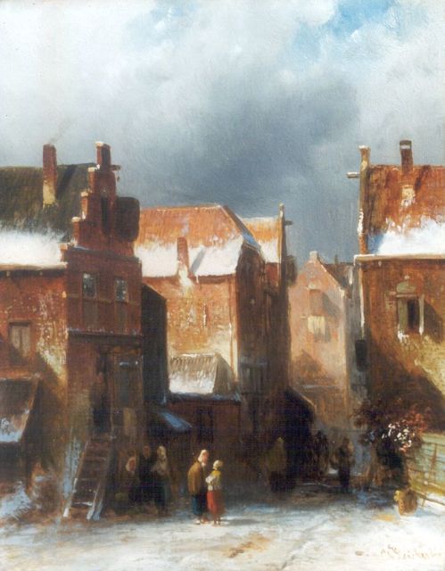 Charles Leickert | Figures in a snow-covered town, oil on panel, 27.2 x 21.6 cm, signed l.r.