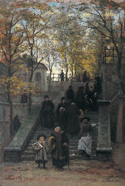 Philip Sadée | Strollers on the 'Cimetière de Montmartre', Paris, paper on panel, 51.0 x 34.4 cm, signed l.r. with initials and executed on Nov. 1st '90