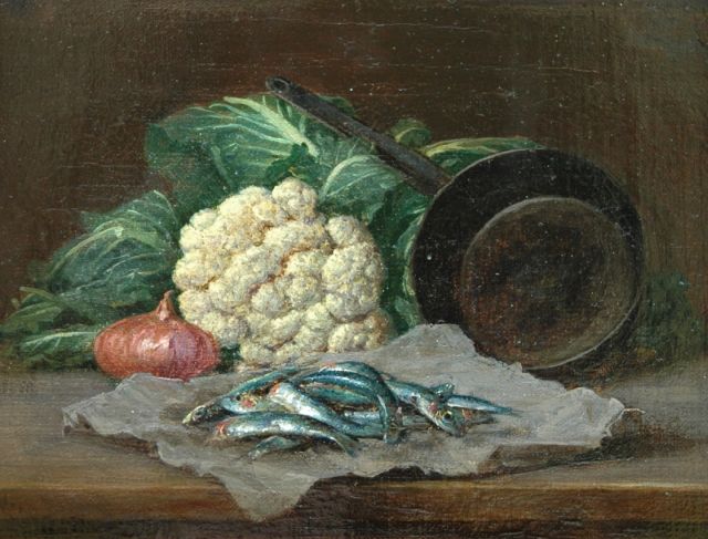 Duitse School, 19 eeuw | A still life with cauliflower, oil on canvas, 14.8 x 19.5 cm, signed l.l. with the initials 'D.N.'