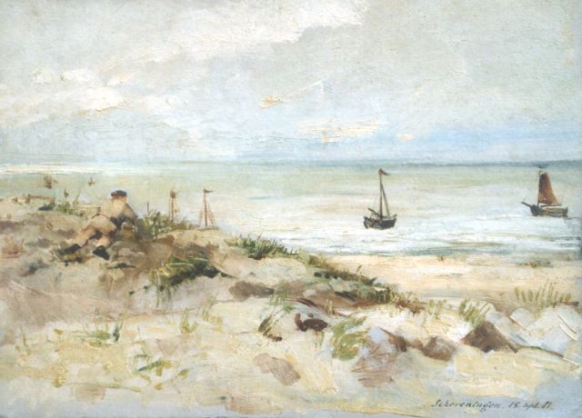 Bettinger G.P.M.  | A boy in the dunes, Scheveningen, oil on painter's cardboard 23.9 x 32.7 cm, dated 'Scheveningen 15.Sept '81'