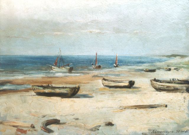 Gustave Bettinger | 'Bomschuiten' on the beach of Scheveningen, oil on painter's cardboard, 23.8 x 32.7 cm, Dated 'Scheveningen 30 sept '81'.