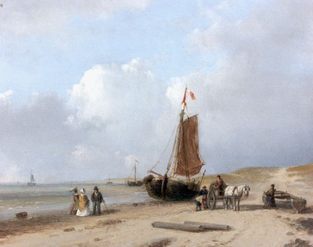 Brouwer P.M.  | Unloading the catch on the beach, oil on panel 16.7 x 20.6 cm, signed l.l.