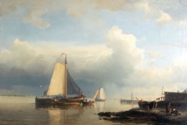 Koekkoek J.H.B.  | Shipping in a calm, oil on canvas 37.4 x 54.3 cm, signed l.l. and dated 1860