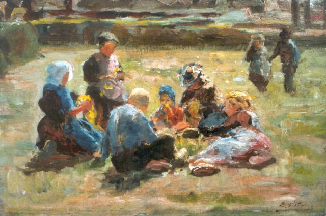 Pieters E.  | Making garlands, oil on canvas 40.2 x 60.2 cm, signed l.r.