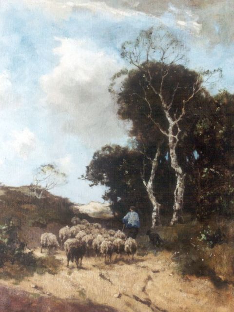 Johan Frederik Cornelis Scherrewitz | Shepherd hearding his sheep on the heath, oil on canvas, 65.5 x 50.8 cm, signed l.l.