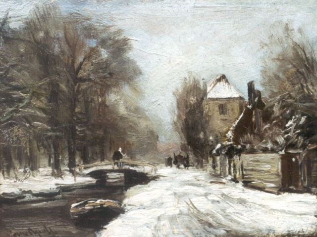 Apol L.F.H.  | A traveller on a draw-bridge in winter, oil on painter's board 20.0 x 26.3 cm, signed l.l.