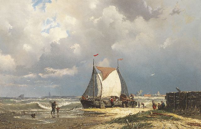 Greive J.C.  | Barges near Uitdam, the tower of Ransdorp in the distance, oil on canvas 55.8 x 85.5 cm, signed l.l.