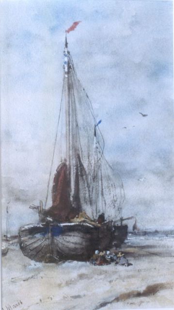 Jacob Maris | 'Bomschuiten' on the beach, watercolour on paper, 39.0 x 22.0 cm, signed l.l.