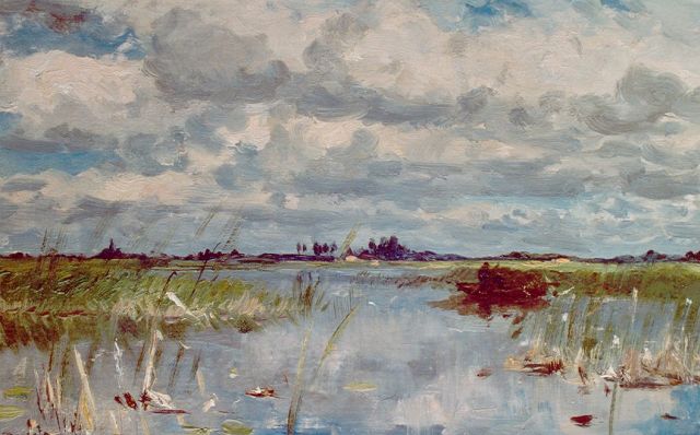 Willem Roelofs | An extensive lake landscape near Noorden, oil on canvas laid down on panel, 28.3 x 45.1 cm, signed l.l.