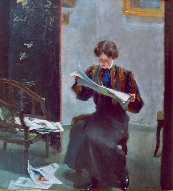 Nissl R.  | A young woman reading, oil on canvas 64.3 x 61.0 cm, signed l.r. and dated 1907 on the reverse