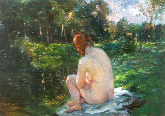 Jan Schreuder van de Coolwijk | A seated nude in a landscape, oil on panel, 18.3 x 25.4 cm, signed l.l.