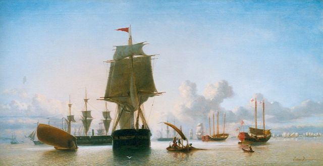 Heemskerck van Beest J.E. van | Sailing Vessels in a Calm, Batavia, oil on canvas 56.3 x 107.8 cm, signed l.r.