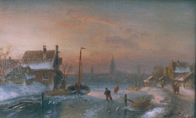 Leickert C.H.J.  | Skaters on a frozen waterway, oil on canvas laid down on painter's board 21.2 x 33.3 cm, signed l.r.