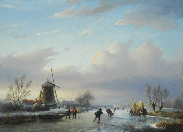 Jan Jacob Spohler | Dutch winter landscape with skaters on the ice, oil on panel, 38.2 x 51.6 cm, signed l.l.