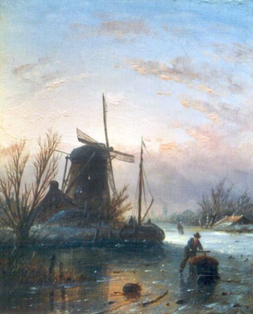 Spohler J.J.C.  | Skaters on a frozen waterway, oil on panel 13.9 x 11.2 cm, signed l.l. with initials