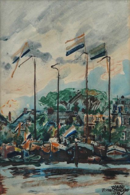 Martin Monnickendam | Flags along the Amstel River, watercolour on paper, 38.0 x 26.5 cm, signed l.r. and dated 1923