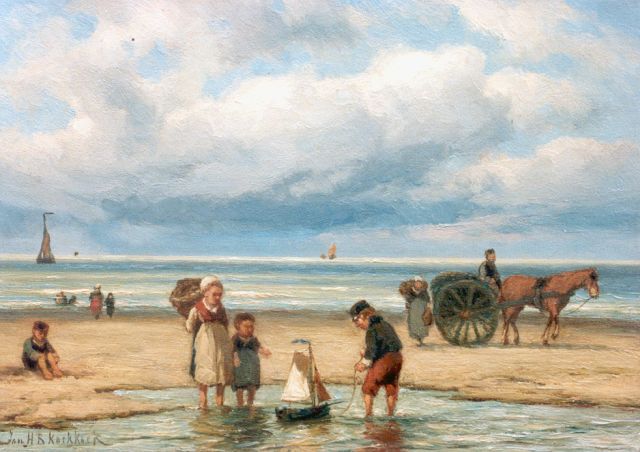 Koekkoek J.H.B.  | Children playing on the beach, oil on canvas 24.6 x 34.2 cm, signed l.l.