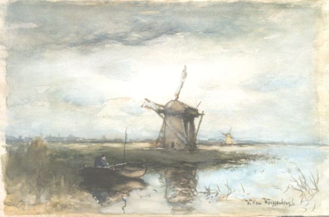 Weissenbruch W.J.  | A windmill in a polder landscape, watercolour on paper 19.2 x 29.5 cm, signed l.r.