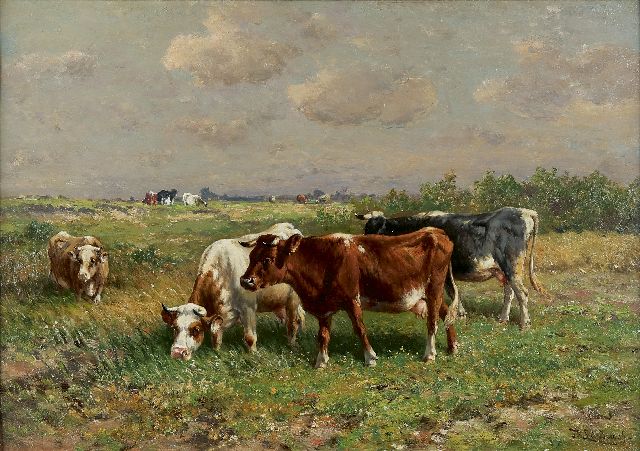 Haas J.H.L. de | Cattle in a meadow, oil on panel 45.2 x 63.6 cm, signed l.r.