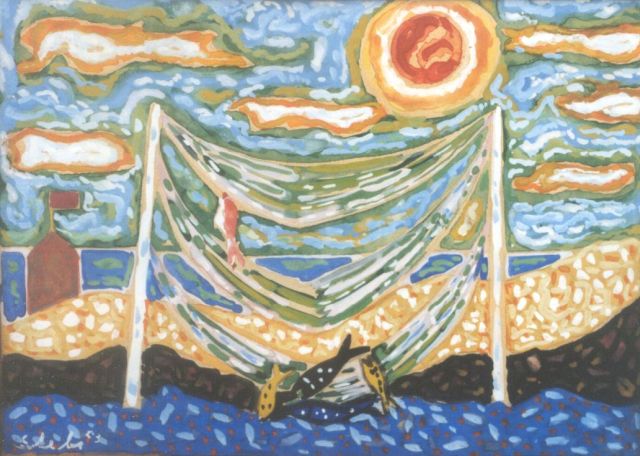 Ferry Slebe | Drying nets, gouache on paper, 23.0 x 32.5 cm, signed l.l. and painted '53