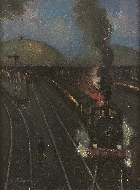 Arnout van Gilst | Steam-locomotive near the station of Amsterdam, oil on canvas, 40.4 x 30.2 cm, signed l.l.