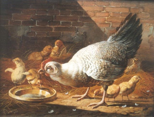 Albertus Verhoesen | A hen and chicks in a stable, oil on panel, 17.5 x 24.5 cm, signed l.l. and dated 1873