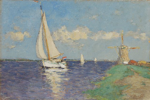 Herman Heuff | Sailing vessels on a waterway, oil on board, 23.1 x 34.6 cm, signed l.r.