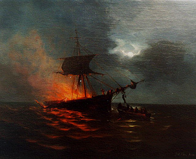 Kiers G.L.  | Burning ship, oil on canvas 46.7 x 57.3 cm, signed l.r. and dated '68