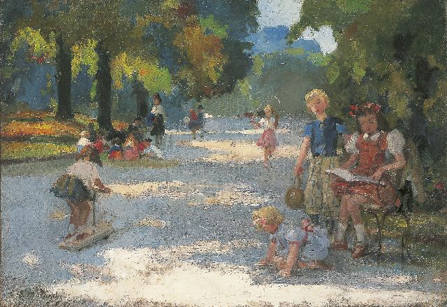 Paul Michel Dupuy | Children playing in 'Parc Monçeau', Paris, oil on canvas, 38.1 x 55.3 cm, signed l.l.