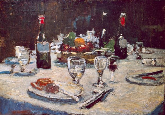 Poggenbeek G.J.H.  | A banquet, oil on canvas 29.0 x 41.0 cm, signed l.l. with studiostamp