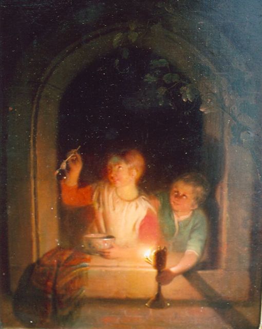 Grootvelt J.H. van | Blowing Bubbles, oil on panel 22.9 x 17.9 cm, signed l.l. and dated 1845