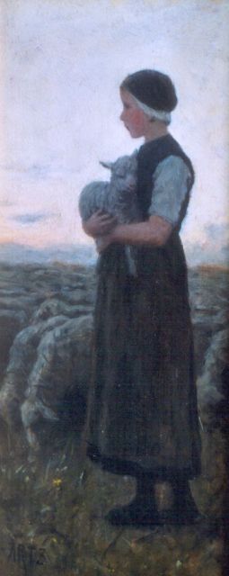 David Artz | A shepherdess, oil on panel, 29.6 x 12.8 cm, signed l.l.