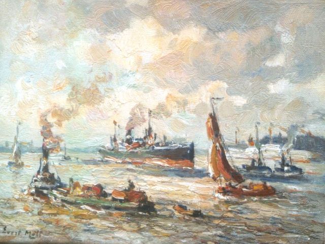 Moll E.  | Ships in the harbour of Rotterdam, oil on canvas 19.3 x 25.4 cm, signed l.l.