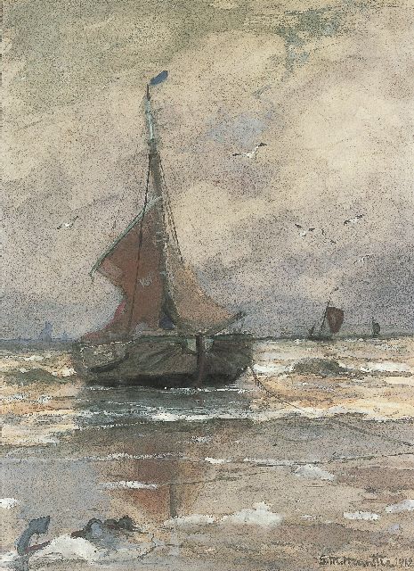 Munthe G.A.L.  | 'Bomschuit' in the surf, watercolour on paper 38.0 x 28.0 cm, signed l.r. and dated 1912