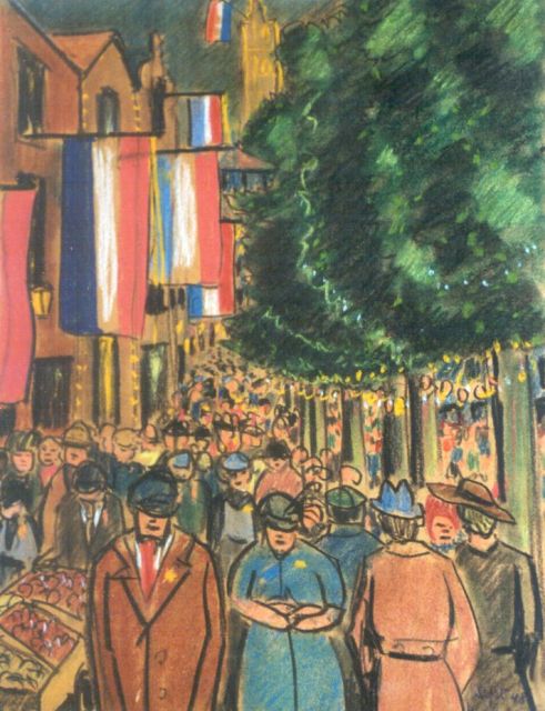 Bob Lokhorst | Coronation festivities, Amsterdam, coloured chalk on paper, 32.4 x 24.9 cm, signed l.r. and painted sept. '48