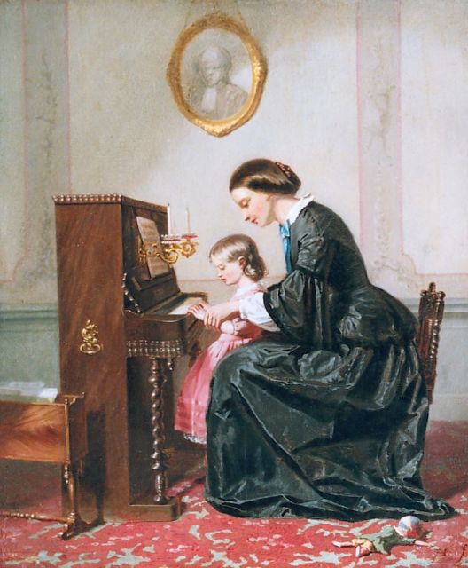 Jozef Hoevenaar | The piano lesson, oil on panel, 29.8 x 24.9 cm, signed l.r. with monogram