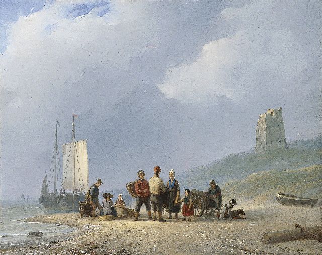 Schelfhout A.  | Sorting the catch, oil on painter's cardboard 22.8 x 28.0 cm, signed l.r. and painted between 1825-1831