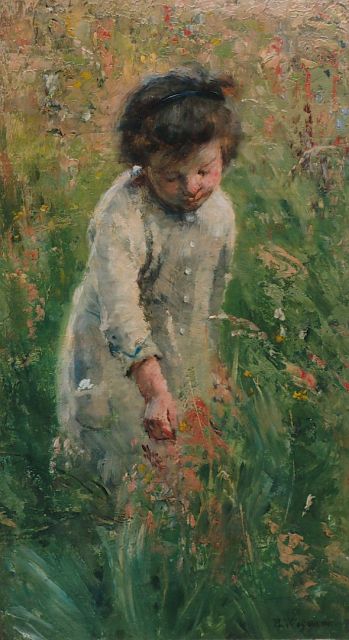 Wegman B.  | Little girl picking flowers, oil on canvas 37.6 x 21.3 cm, signed l.r.