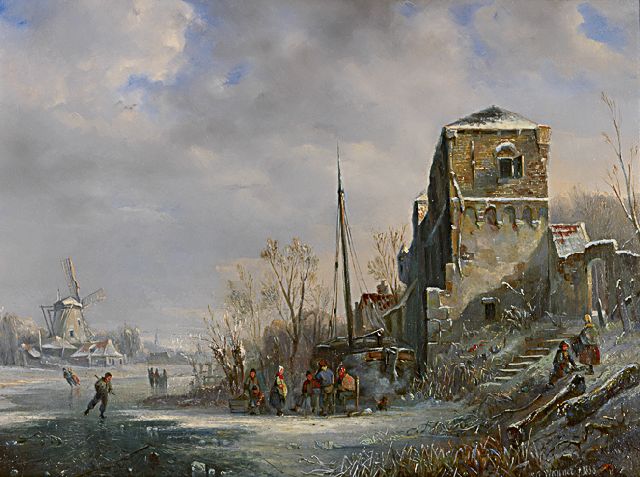 Willem George Wagner | Canal in the snow with skaters on the ice, oil on panel, 39.3 x 52.4 cm, signed l.r. and dated 1838