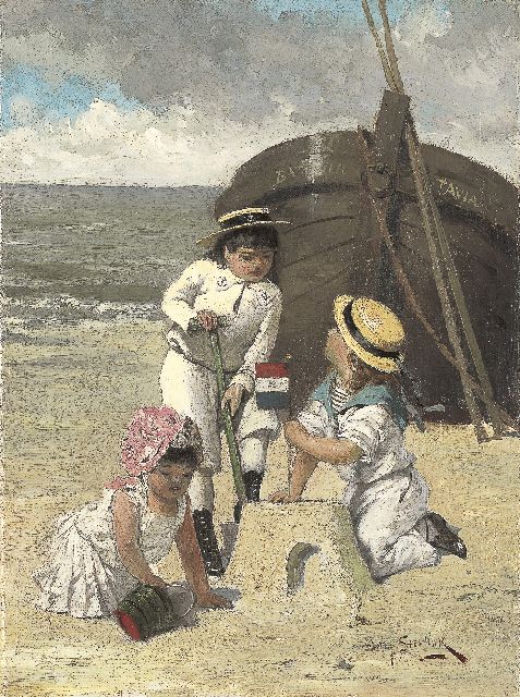 Willem Steelink jr. | Children playing on the beach, oil on canvas, 28.3 x 20.9 cm, signed l.r.