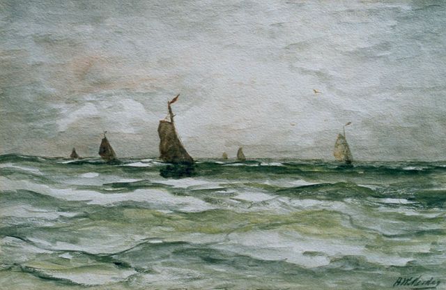 Hendrik Willem Mesdag | 'Bomschuiten' in the surf, watercolour on paper, 28.7 x 43.5 cm, signed l.r.