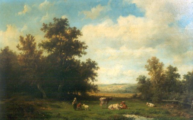 Wijngaerdt A.J. van | Cattle in a landscape, oil on panel 23.2 x 36.0 cm