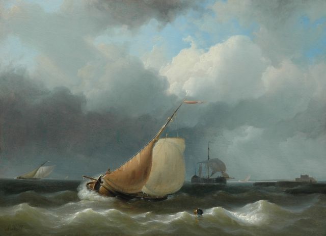 Abraham Hulk | Sailing boats near a pier, oil on panel, 29.7 x 40.7 cm, signed l.l.
