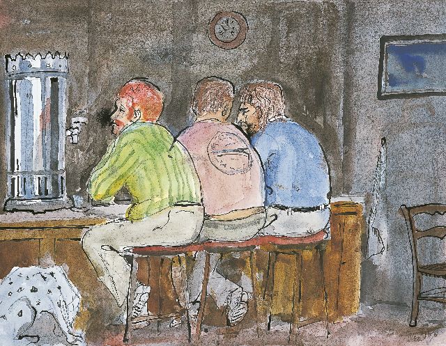 Harm Kamerlingh Onnes | Men in a pub, Indian ink and watercolour on paper, 23.5 x 31.0 cm, signed l.r. with monogram and dated '80