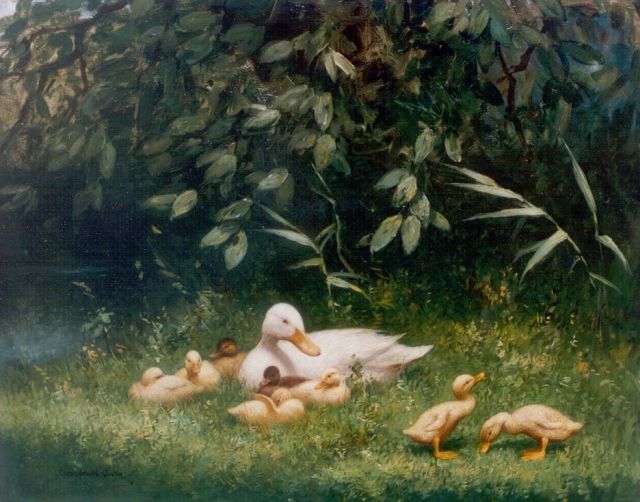 Constant Artz | Hen with ducklings on the riverbank, oil on panel, 40.0 x 50.0 cm, signed l.l.
