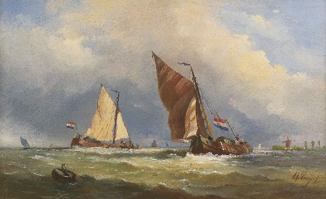 Prooijen A.J. van | Shipping on choppy waters, oil on panel 34.7 x 55.9 cm, signed l.r.