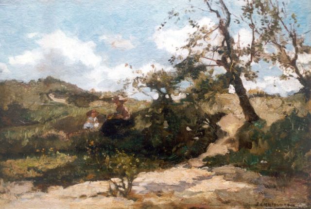 Akkeringa J.E.H.  | Mother and child in the dunes, oil on canvas laid down on panel 28.4 x 41.5 cm, signed l.r.