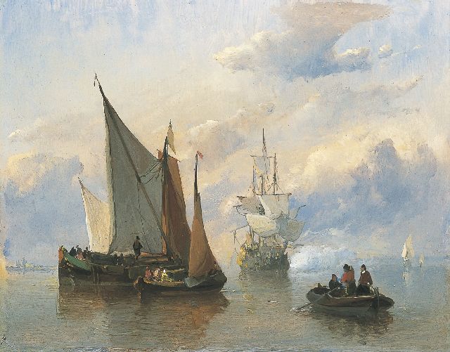 Koster E.  | Sailing vessels and a three-master in a calm, oil on panel 19.2 x 24.6 cm