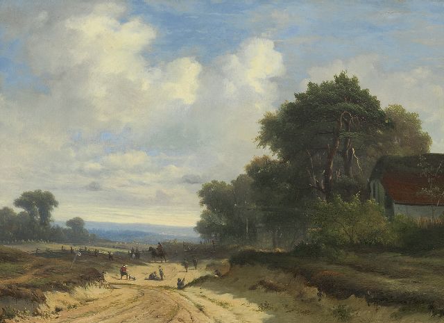 Weerts C.A.  | Infantery on a sandy track near a farmstead, oil on panel 28.5 x 39.3 cm, signed with remains of signature l.r.